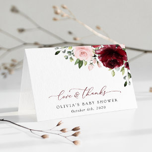 Burgundy Flowers, Pink Flowers, Boho, Baby shower Bedankkaart