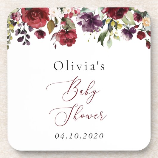 Burgundy Flowers, Pink Flowers, Boho, Baby shower Bier Onderzetter (Voorkant)
