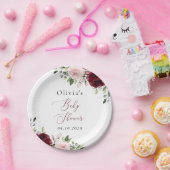 Burgundy Flowers, Pink Flowers, Boho, Baby shower Papieren Bordje (Feest)