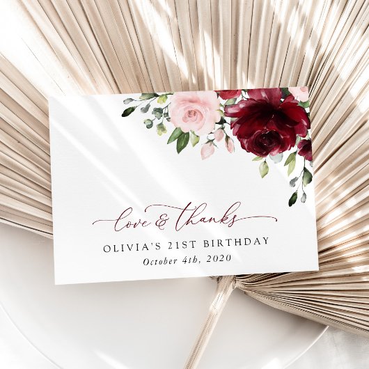 Burgundy Flowers, Pink Flowers, Boho, Birthday Bedankkaart