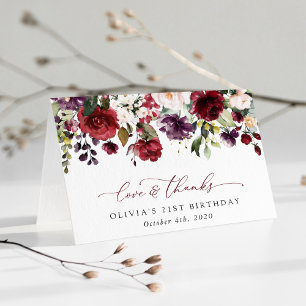 Burgundy Flowers, Pink Flowers, Boho, Birthday Bedankkaart