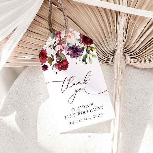 Burgundy Flowers, Pink Flowers, Boho, Birthday Cadeaulabel