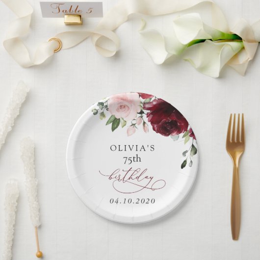 Burgundy Flowers, Pink Flowers, Boho, Birthday Papieren Bordje (Huwelijk)