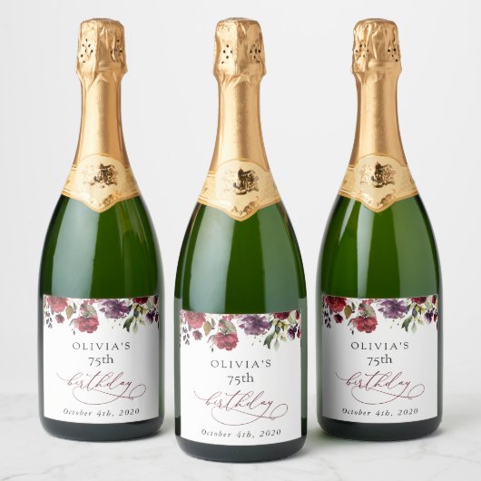 Burgundy Flowers, Pink Flowers, Boho, Birthday Sparkling Wijnetiket (Flessen)
