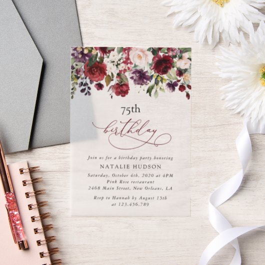 Burgundy Flowers, Pink Flowers, Boho, Birthday Vellum Uitnodigingen (Huwelijk)