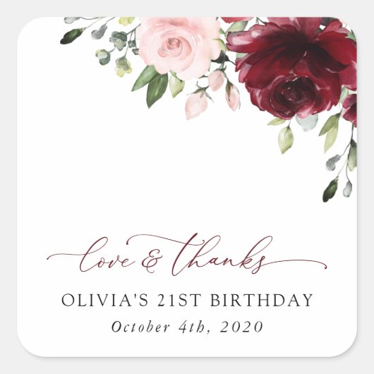 Burgundy Flowers, Pink Flowers, Boho, Birthday Vierkante Sticker (Voorkant)