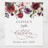 Burgundy Flowers, Pink Flowers, Boho, Birthday Wijn Etiket (Enkel label)