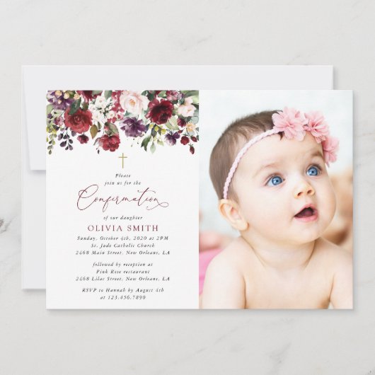 Burgundy Flowers, Pink Flowers, Boho, Confirmation Kaart (Voorkant)