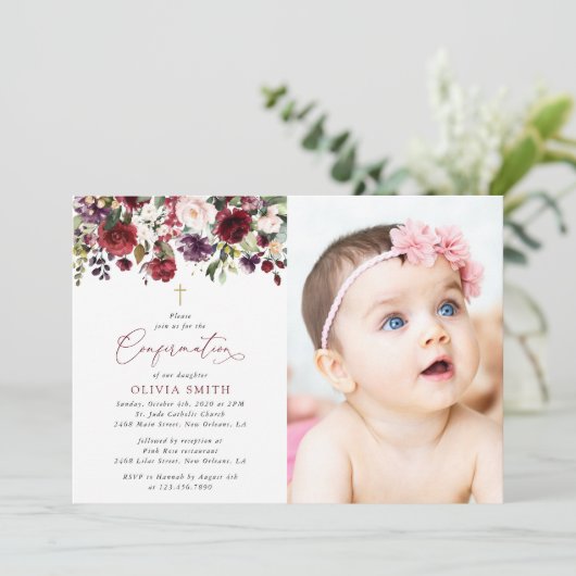 Burgundy Flowers, Pink Flowers, Boho, Confirmation Kaart (Staand voorkant)