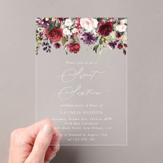 Burgundy Flowers, Pink Flowers, Boho, Sweet 16 Acryl Uitnodigingen (Insitu (Draagbaar))