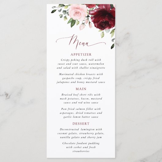 Burgundy Flowers, Pink Flowers, Bridal Shower Menu (Voorkant)