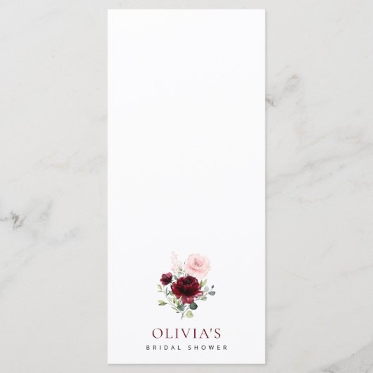 Burgundy Flowers, Pink Flowers, Bridal Shower Menu (Achterkant)