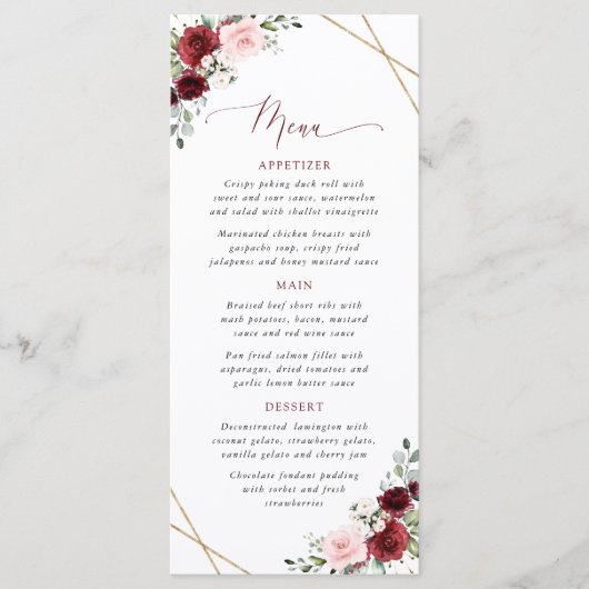 Burgundy Flowers, Pink Flowers, Bridal Shower Menu (Voorkant)