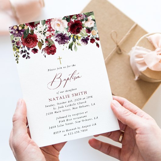 Burgundy Flowers, Pink Flowers, Floral Baptism Kaart