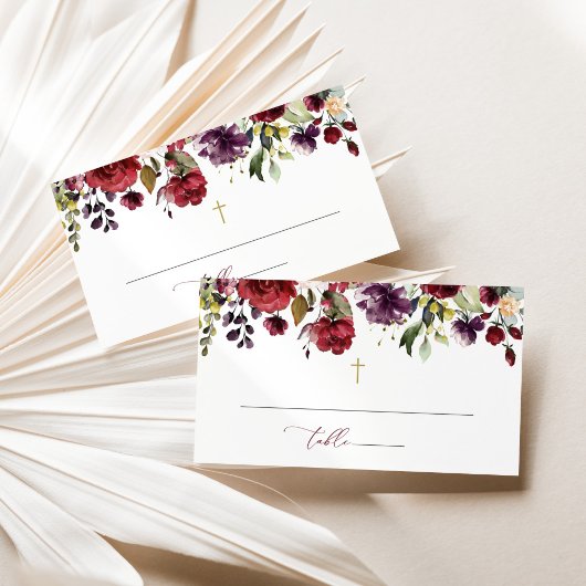 Burgundy Flowers, Pink Flowers, Floral Baptism Plaatskaartje