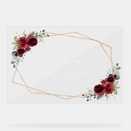 Burgundy Flowers, Red Flowers, Baby shower Welcome Acryl Bord (Voorkant)
