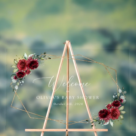 Burgundy Flowers, Red Flowers, Baby shower Welcome Acryl Bord (Neutraal)