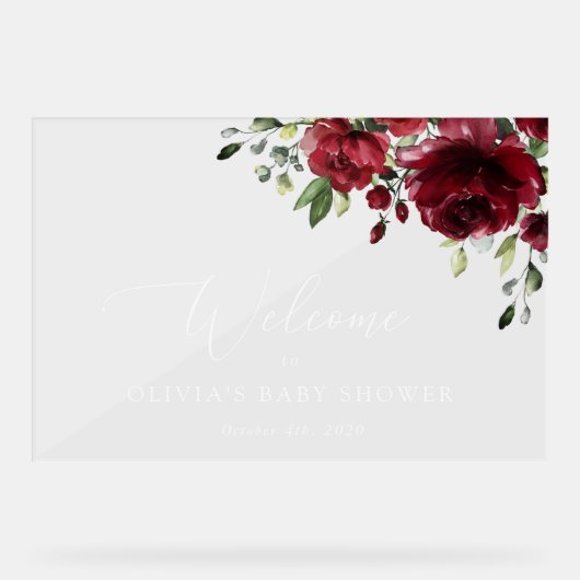Burgundy Flowers, Red Flowers, Baby shower Welcome Acryl Bord (Voorkant)