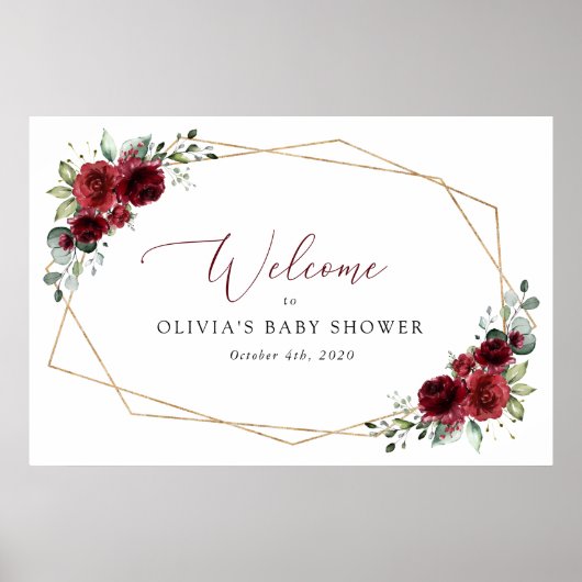 Burgundy Flowers, Red Flowers, Baby shower Welcome Poster (Voorkant)