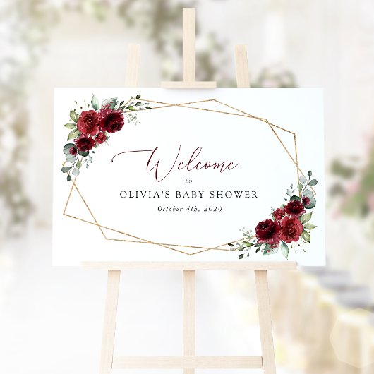 Burgundy Flowers, Red Flowers, Baby shower Welcome Poster