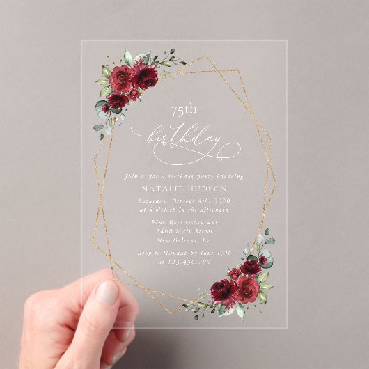 Burgundy Flowers, Red Flowers, Boho, Birthday Acryl Uitnodigingen (Insitu (Draagbaar))