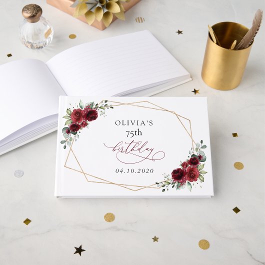 Burgundy Flowers, Red Flowers, Boho, Birthday Gastenboek (Voorkant open)