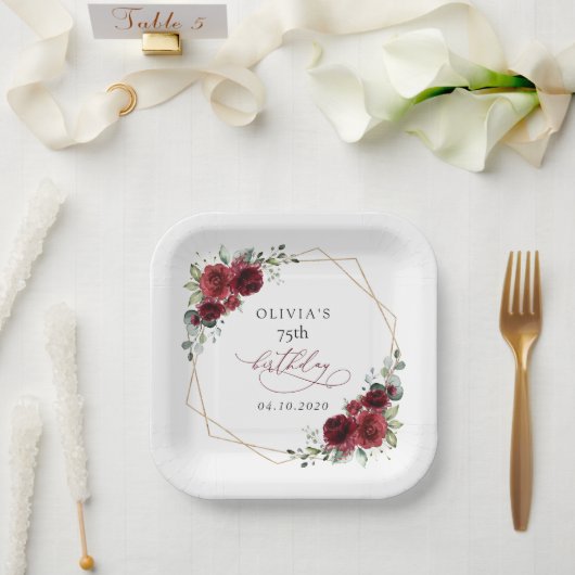 Burgundy Flowers, Red Flowers, Boho, Birthday Papieren Bordje (Huwelijk)