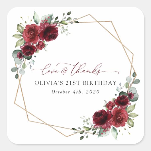 Burgundy Flowers, Red Flowers, Boho, Birthday Vierkante Sticker (Voorkant)