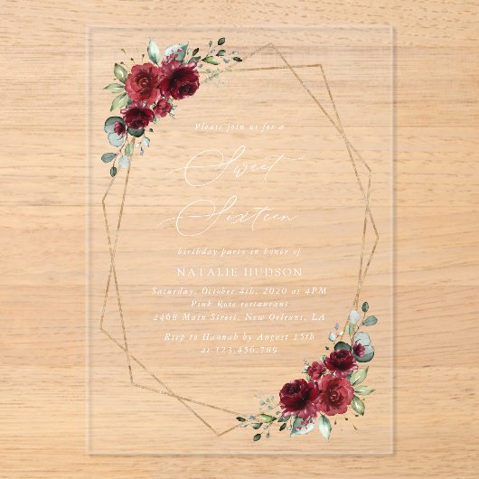 Burgundy Flowers, Red Flowers, Boho, weet 16 Acryl Uitnodigingen (Voorkant)