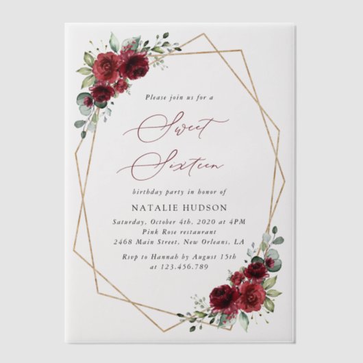 Burgundy Flowers, Red Flowers, Boho, weet 16 Vellum Uitnodigingen (Voorkant)
