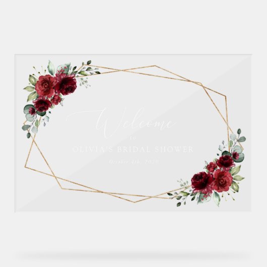 Burgundy Flowers, Red Flowers, Bridal Welcome Acryl Bord (Voorkant)