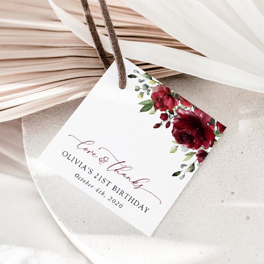 Burgundy Flowers, Red Flowers, Greenery, Birthday Bedankjes Labels