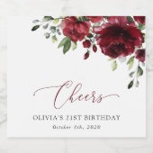 Burgundy Flowers, Red Flowers, Greenery, Birthday Sparkling Wijnetiket (Enkel label)