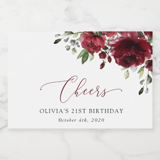 Burgundy Flowers, Red Flowers, Greenery, Birthday Sparkling Wijnetiket (Enkel label)