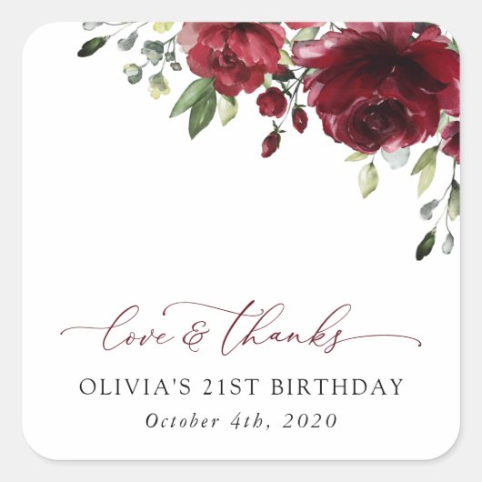 Burgundy Flowers, Red Flowers, Greenery, Birthday Vierkante Sticker (Voorkant)