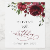 Burgundy Flowers, Red Flowers, Greenery, Birthday Wijn Etiket (Enkel label)