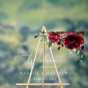 Burgundy Flowers, Red Flowers, Weddenschap Welkom Acryl Bord