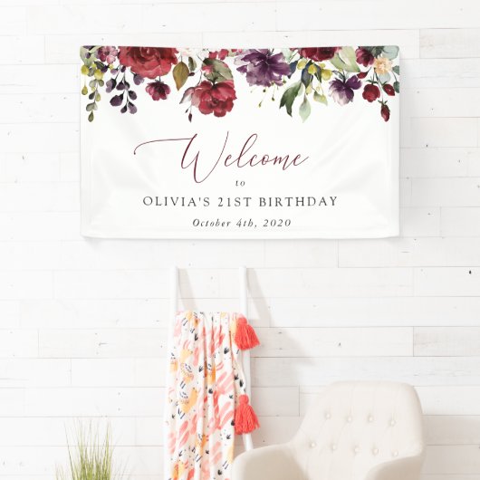 Burgundy Flowers, Roze Flowers, Birthday Welcome Spandoek (Insitu)