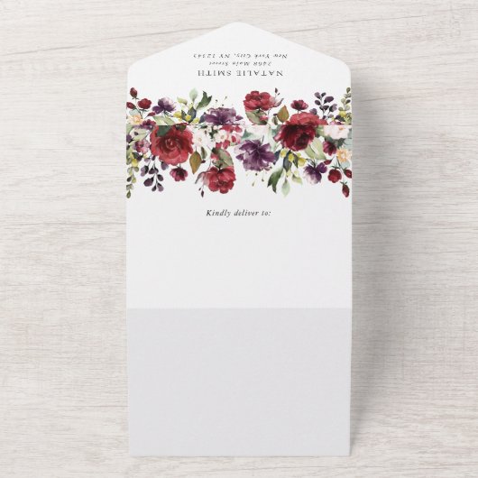 Burgundy Flowers, Roze Flowers, Boho Vrijgezellenf All In One Uitnodiging (Buitenkant)