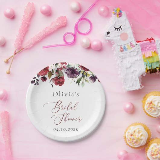 Burgundy Flowers, Roze Flowers, Boho Vrijgezellenf Papieren Bordje (Feest)