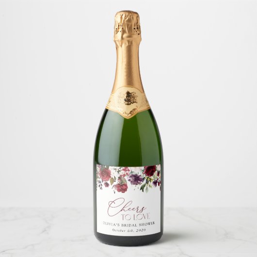 Burgundy Flowers, Roze Flowers, Boho Vrijgezellenf Sparkling Wijnetiket (Voorkant)