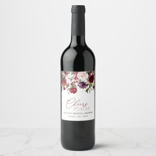 Burgundy Flowers, Roze Flowers, Boho Vrijgezellenf Wijn Etiket (Voorkant)
