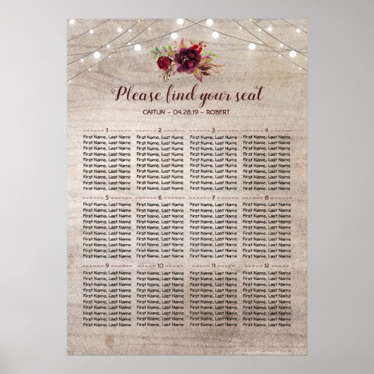 Burgundy Flowers Rustic Wedding Seating Chart Poster (Voorkant)