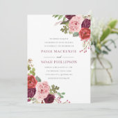 Burgundy Flowers Tropical Elegant Wedding Invite Kaart (Staand voorkant)