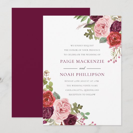 Burgundy Flowers Tropical Elegant Wedding Invite Kaart (Voorkant / Achterkant)