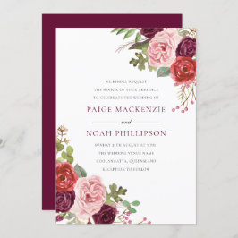 Burgundy Flowers Tropical Elegant Wedding Invite Kaart