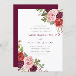 Burgundy Flowers Tropical Elegant Wedding Invite Kaart