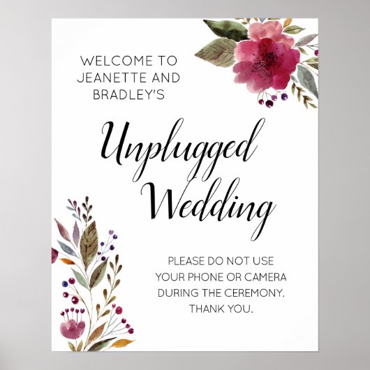 Burgundy Flowers Unplugged Wedding Ceremony Poster (Voorkant)