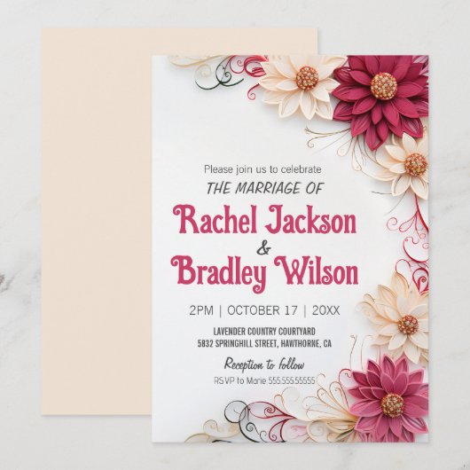 Burgundy Flowers Weddenschap Paper Quilling Simula Kaart (Voorkant / Achterkant)