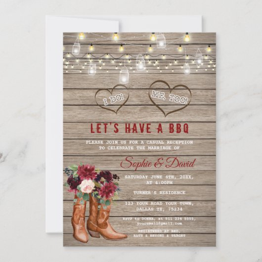 Burgundy Flowers Westerne Cowboy Boots I DO BBQ Kaart (Voorkant)